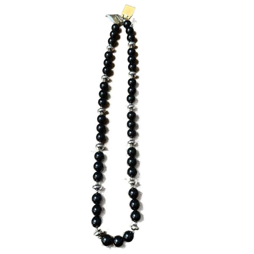 Vintage Black Beaded 18” Necklace with Silver Accents - Deadstock with Tags
